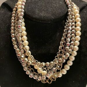 19” 5-strand faux pearl, gold/silver curb chain silver beaded & chain necklace